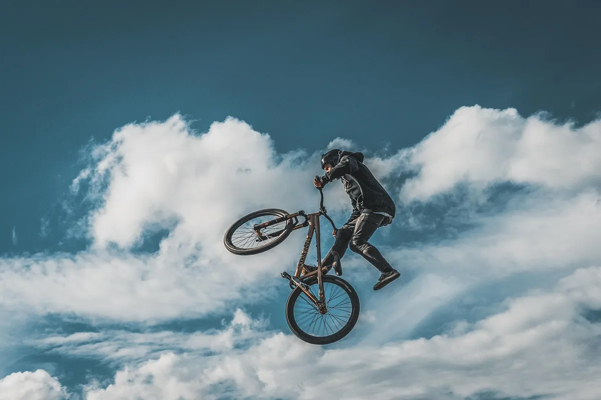 sportsman, bicycle, sports, cycling, men, fitness, silhouette, speed, trick, active, motocross, people, sky, nature, helmet, action, wheel, movement, entertainm