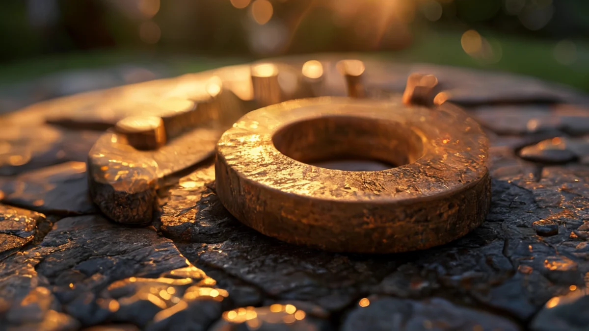 A worn brass garden gear, textured surface and a rusted edge, on a stone table under golden hour light, shallow depth of field, photorealistic, sharp focus, high detail