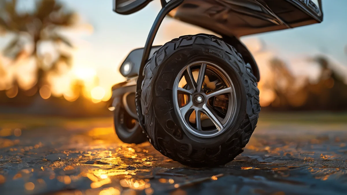 La rueda del golf cart tiene palas de acero y neumáticos de caucho, mostrando su estructura y material.