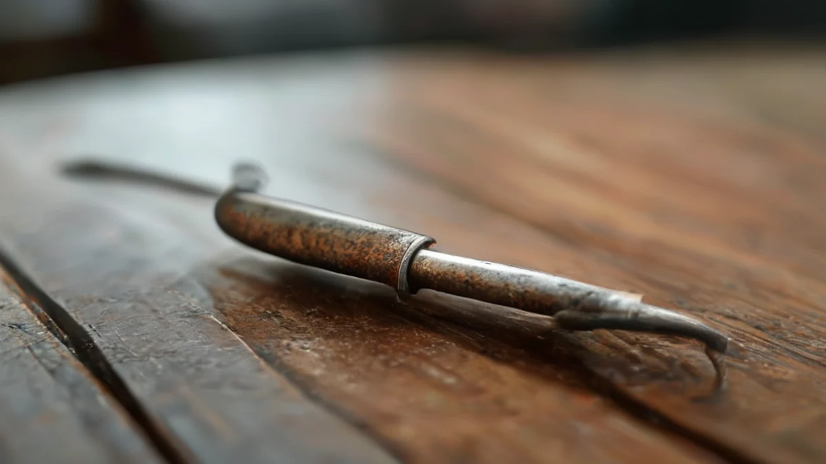 Un pequeño clip de metal para la pesca, con una superficie oxidada, forma oval, reposando sobre una mesa de madera bajo un día nublado, campo de profundidad suave, realismo fotográfico, enfoque neto, detalles elevados