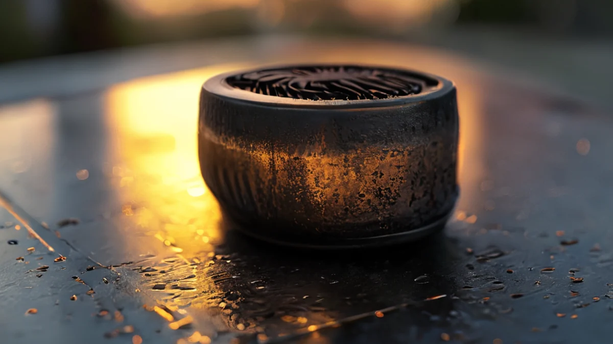Filtre à carburant noir, cylindrique, texturé, rouillée, sur une table en acier sous l'heure dorée, champ de profondeur faible, photoréaliste, focus aigu, détails élevés