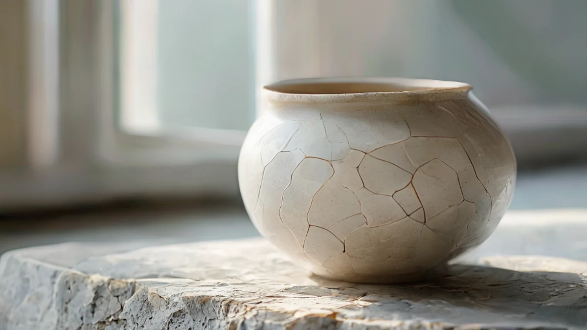 Un recipiente in ceramica con una superficie liscia e motivi complessi.