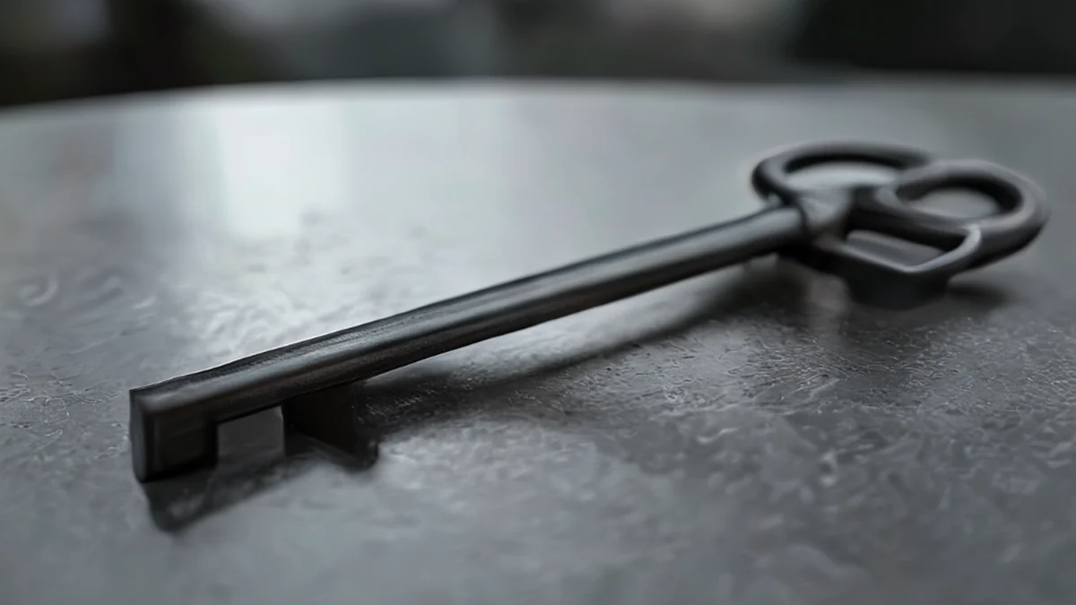 Sleutel met staf van de staf, zwart staaloppervlak, rechthoekige vorm, op een metaal tafel onder een bewolkt daglicht, zachte scherpte, fotorealistisch, scherp focus, hoge details