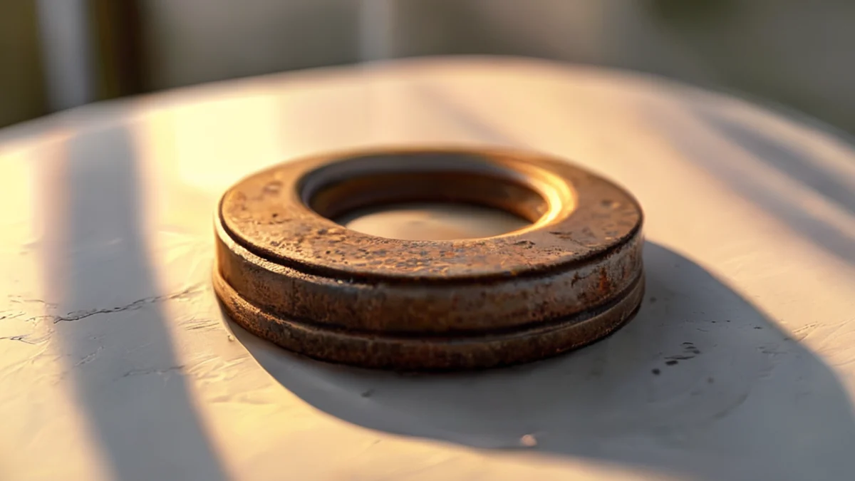 Een enkel stalen cleat-waasher, roestig, rond, dikke rand, centraal op een witte tafel, onder de gouden uurlicht, zachte scherpte, fotorealistisch, scherp focus, hoge details