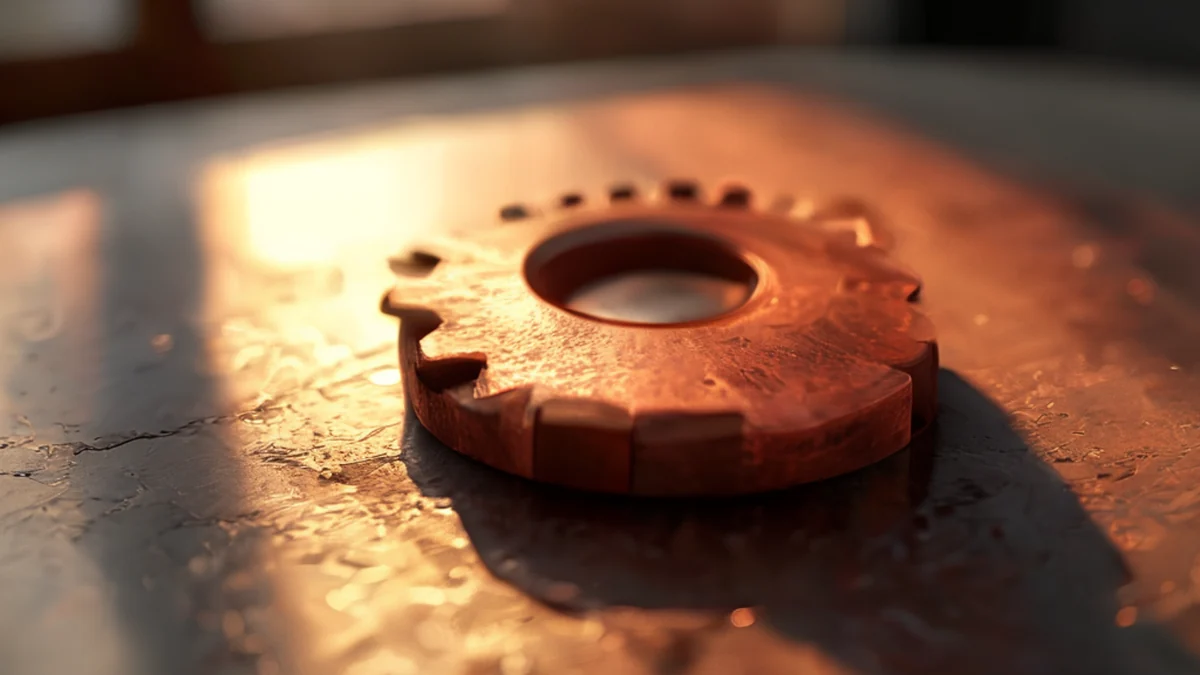 A copper gear with intricate detailing and a metallic sheen.