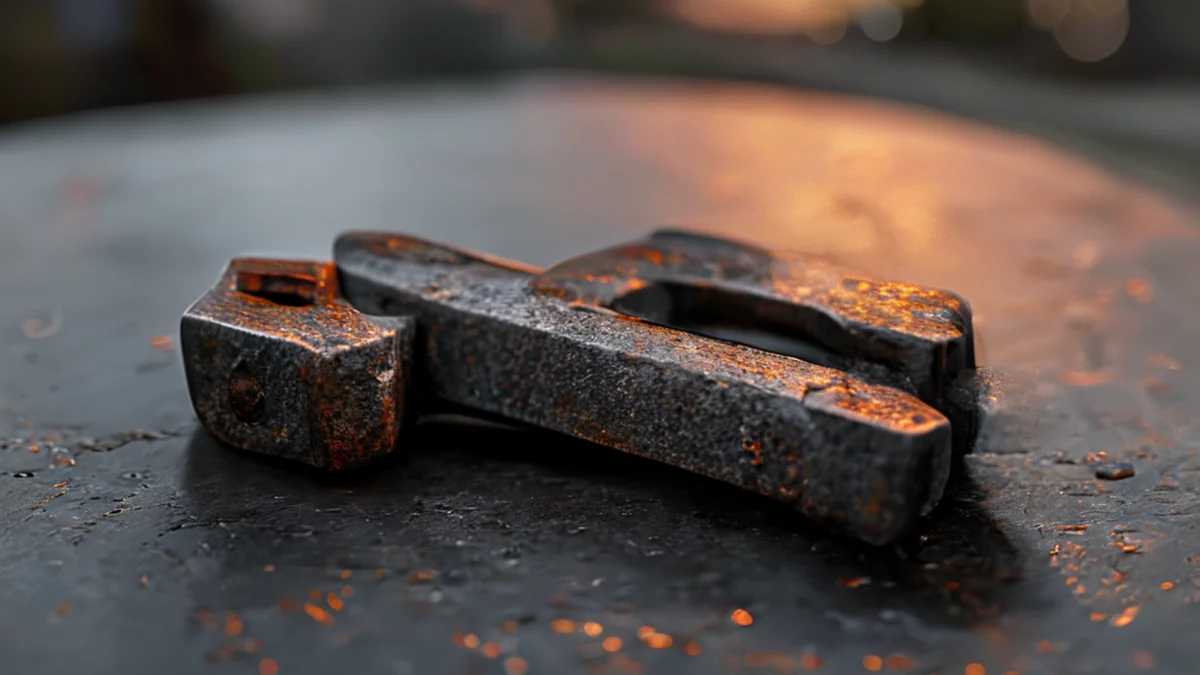 Cast iron clamp with a textured surface and a threaded end.