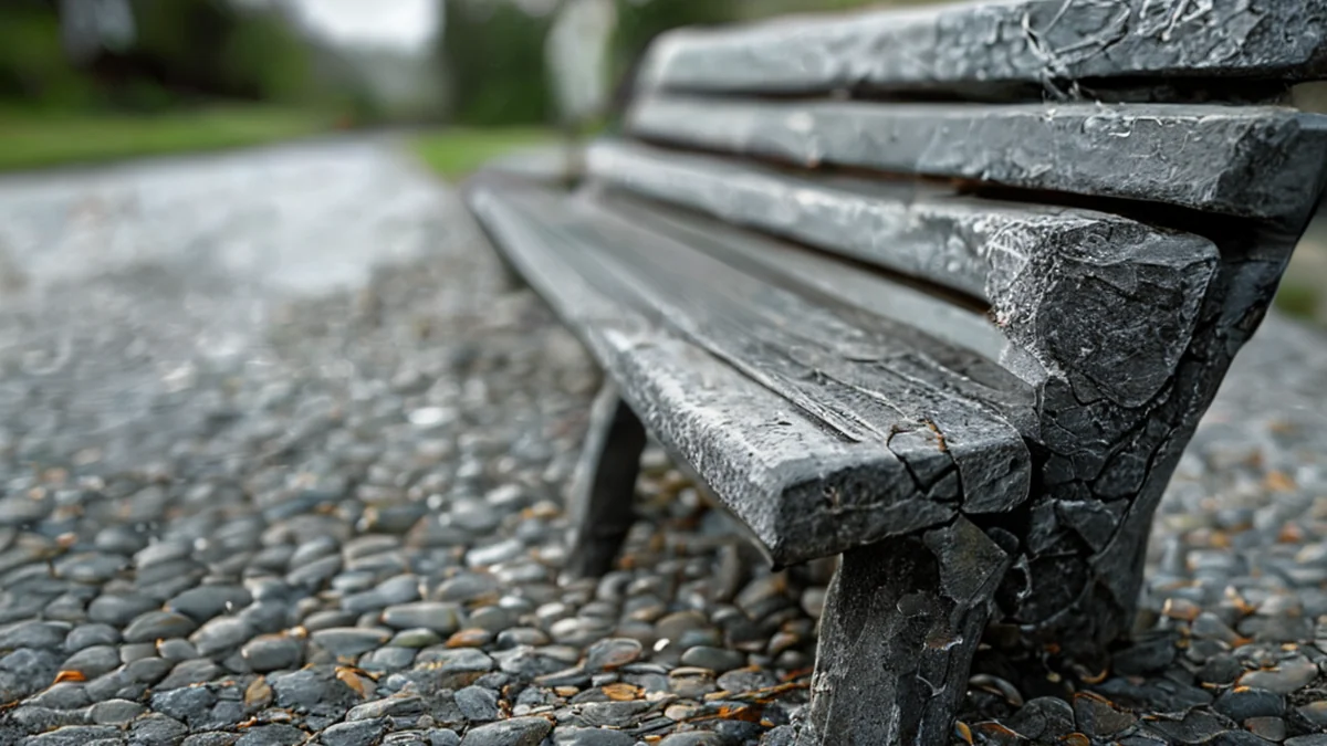 Un banco de piedra grieta, gris sable con textura áspera, sobre un camino de gravilla, día nublado, profundidad de campo suave, fotorealista, enfoque afilado, detalles altos