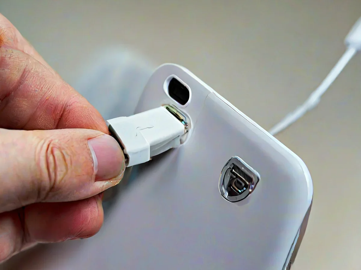 Una mano conectando un cable de carga USB blanco a un teléfono inteligente