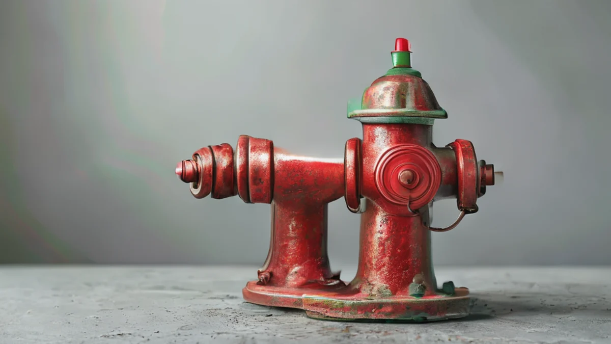 Un robinet de pompiers en métal avec un levier rouge.